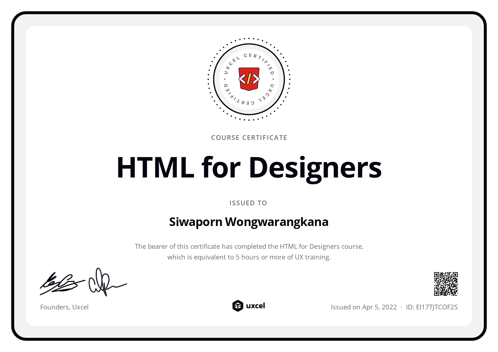 Siwaporn Wongwarangkana's certificate